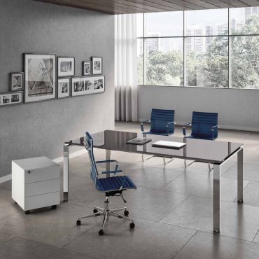 Bureau complet Doria verre chromé, caisson, fauteuil