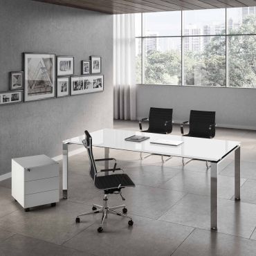 Bureau complet Doria verre chromé, caisson, fauteuil